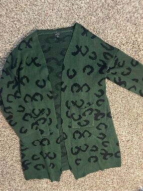 Green Leopard Print Open-Front Cardigan Sweater